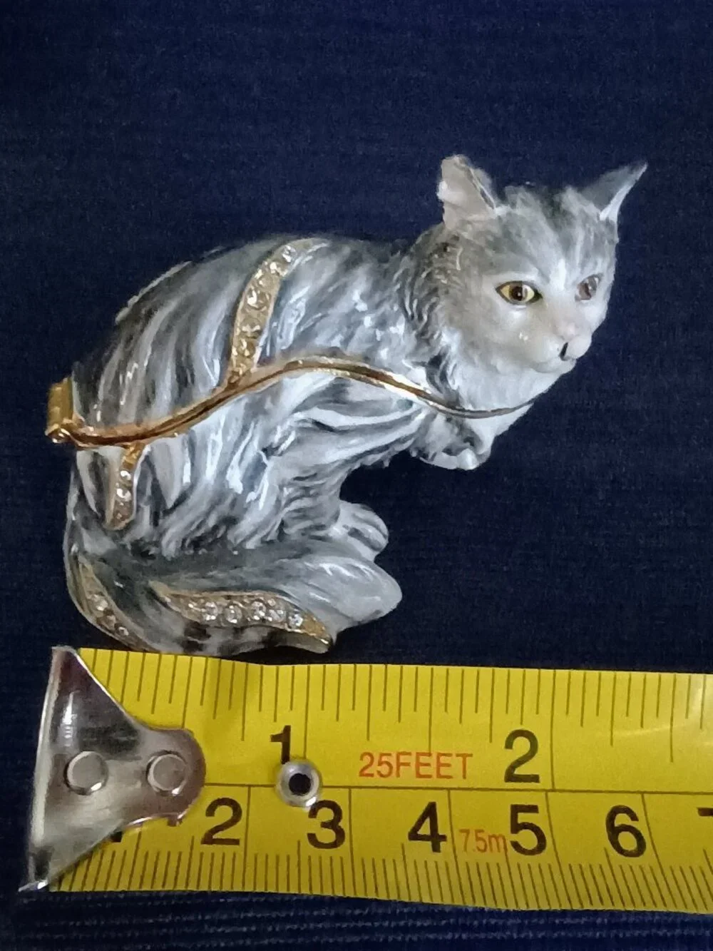 Grey Cat Jeweled Enameled Trinket Box